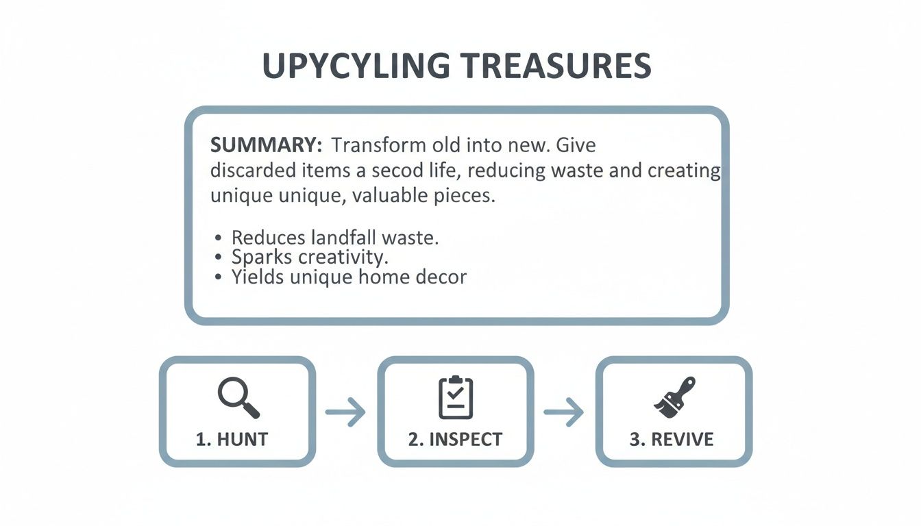 Diagram illustrating the upcycling process for transforming old items into unique home decor, reducing waste.