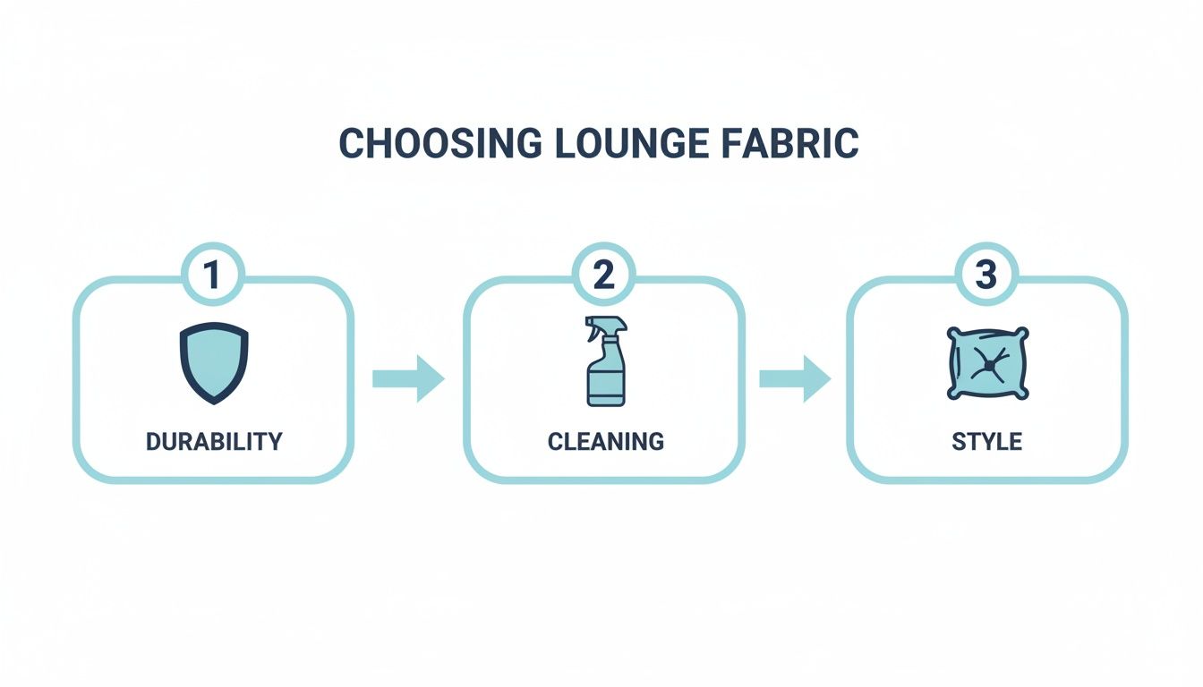 Infographic outlining three key steps for choosing lounge fabric: durability, cleaning, and style.