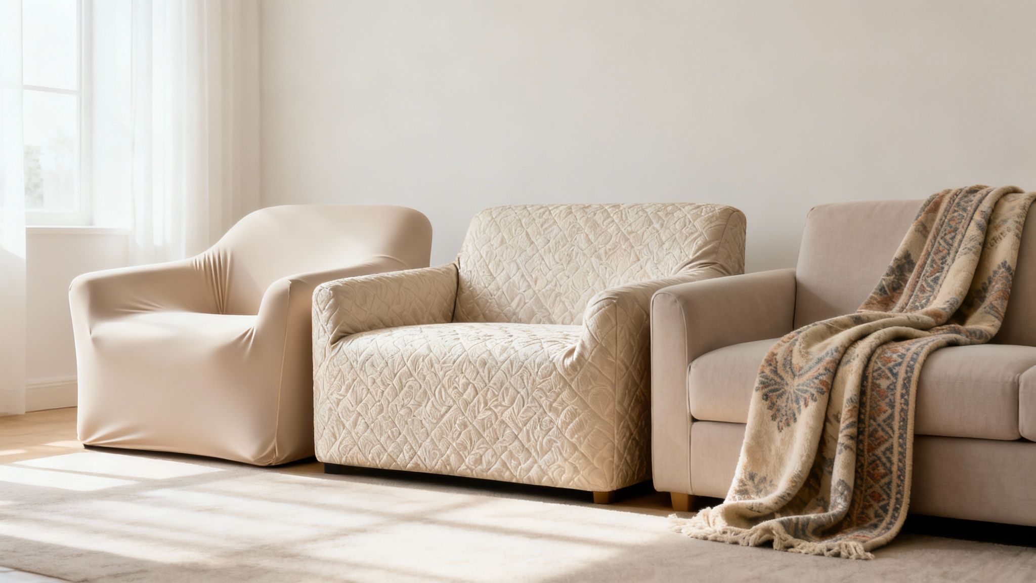 Three neutral-toned armchairs in a bright room, one with a smooth cover, one quilted, and one with a patterned blanket.