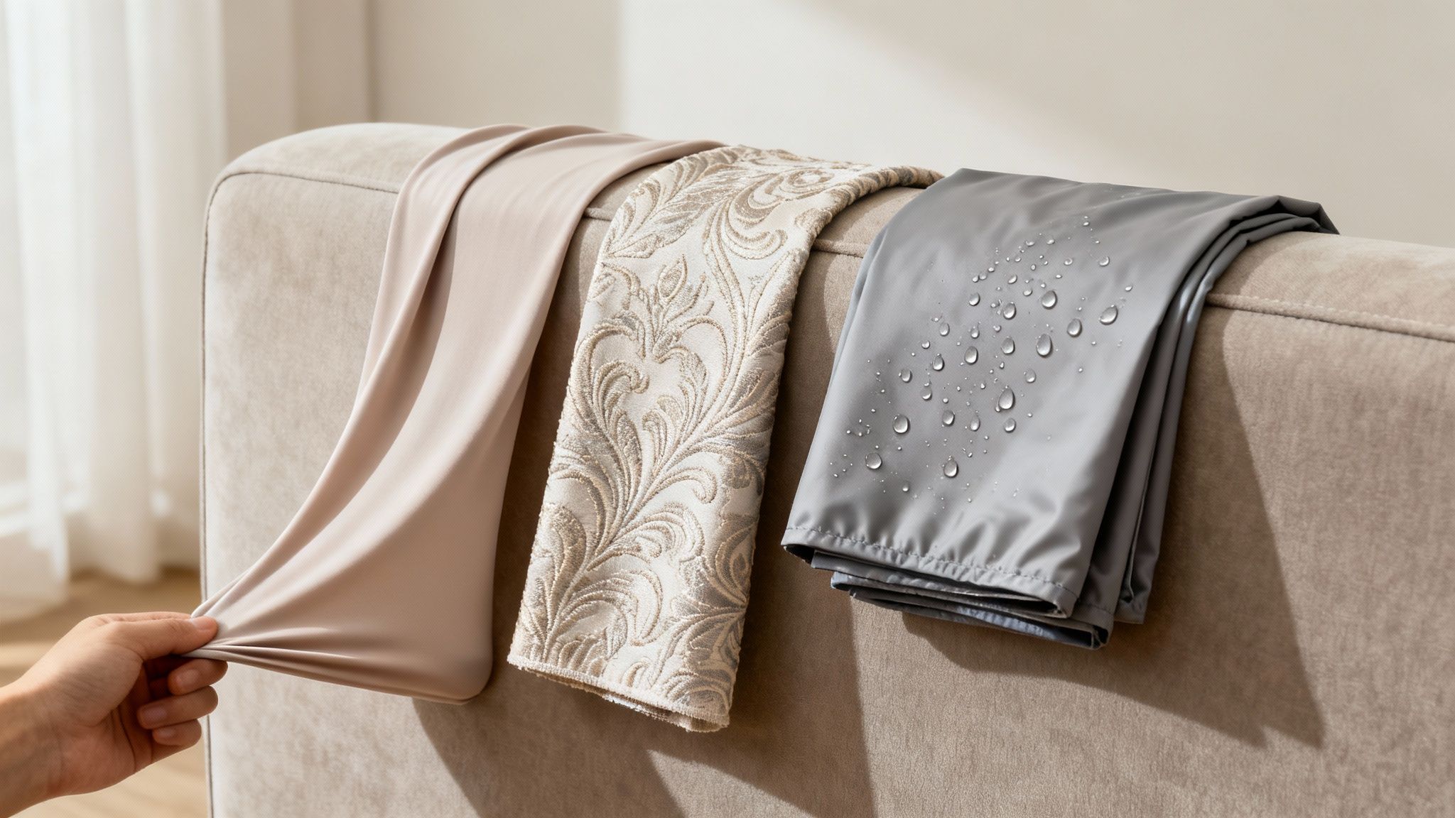 Three fabric swatches for couch covers showing stretch, decorative pattern, and waterproof qualities.