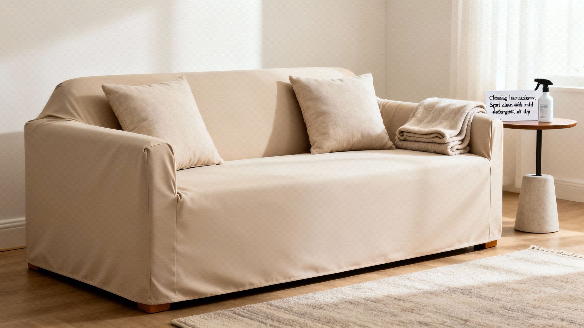 A modern living room features a light beige sofa with a slipcover and decorative cushions.