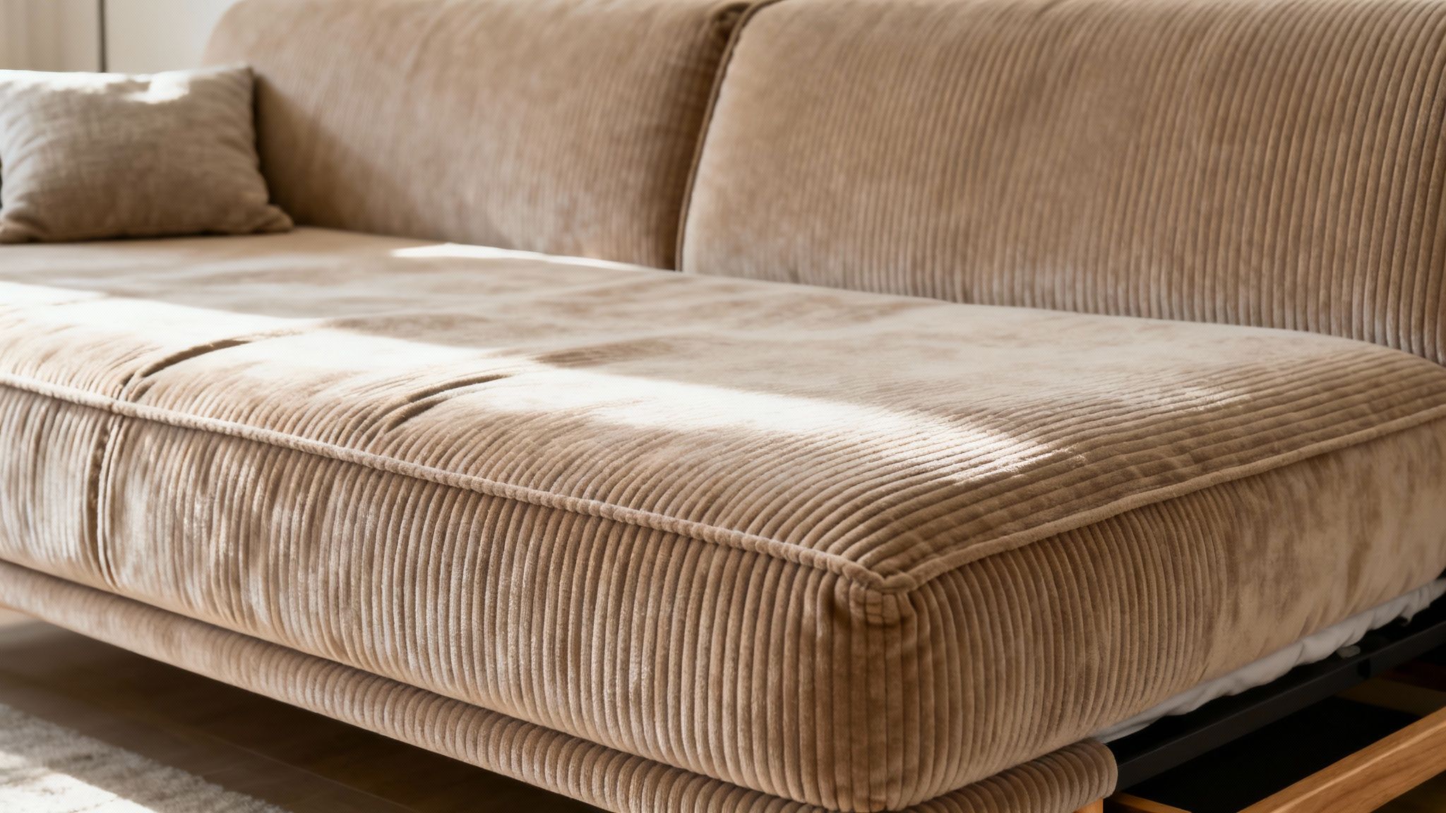 Sunlit beige corduroy sofa, showing its ribbed texture and exposed pull-out bed frame.