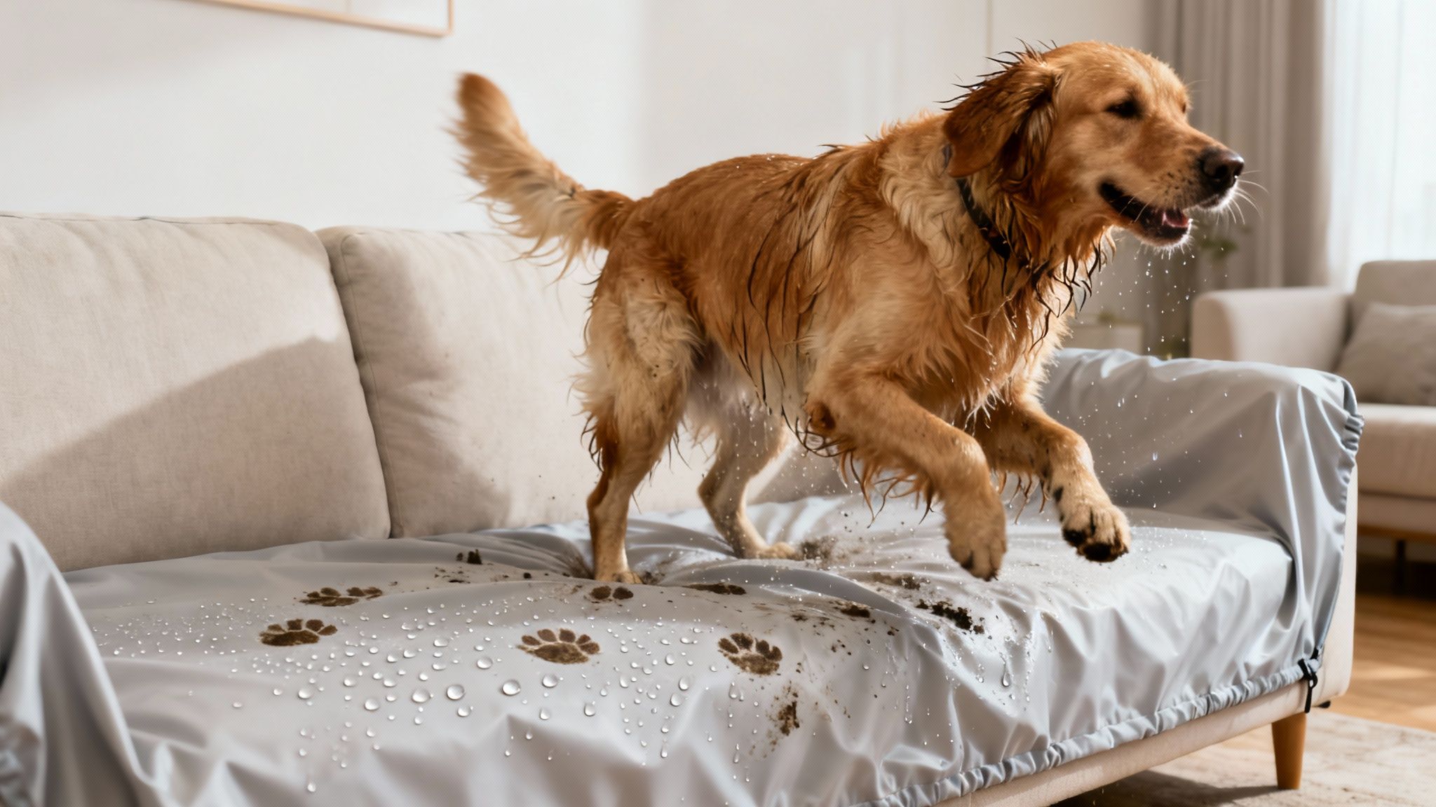 A happy, wet golden retriever dog with muddy paws jumps onto a sofa with a waterproof cover.
