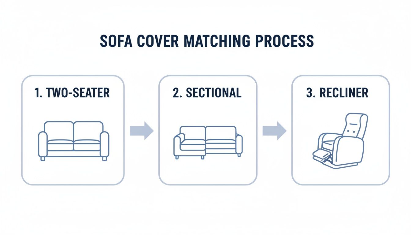 Diagram illustrating the sofa cover matching process, featuring icons for two-seater, sectional, and recliner.