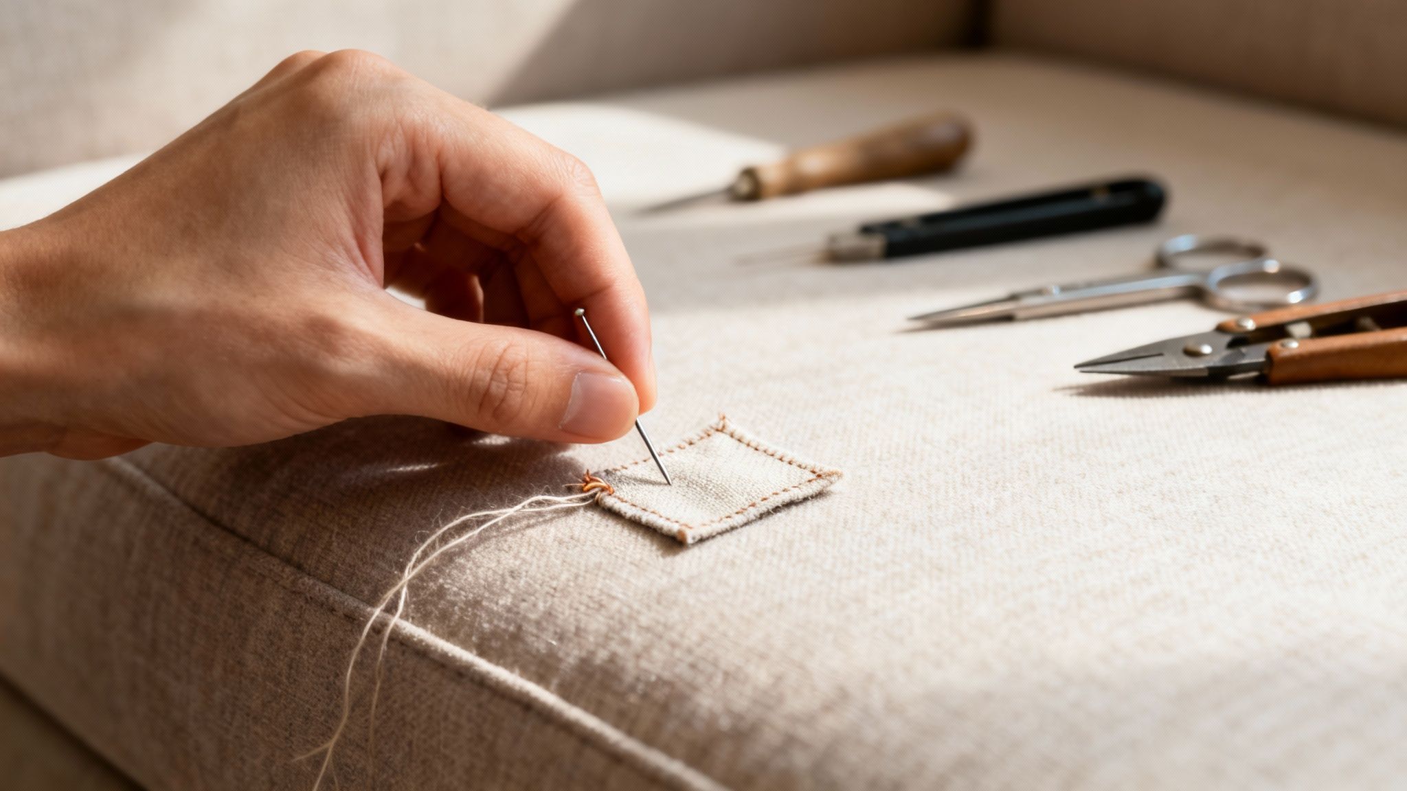 Close-up of a hand using a needle to sew a fabric patch onto an upholstered surface, with tools in background.