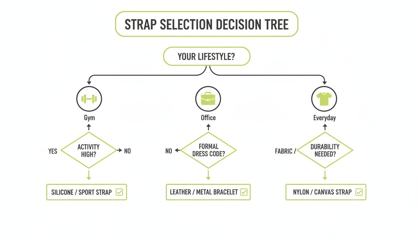 A decision tree guide for selecting watch straps based on lifestyle and activity levels.