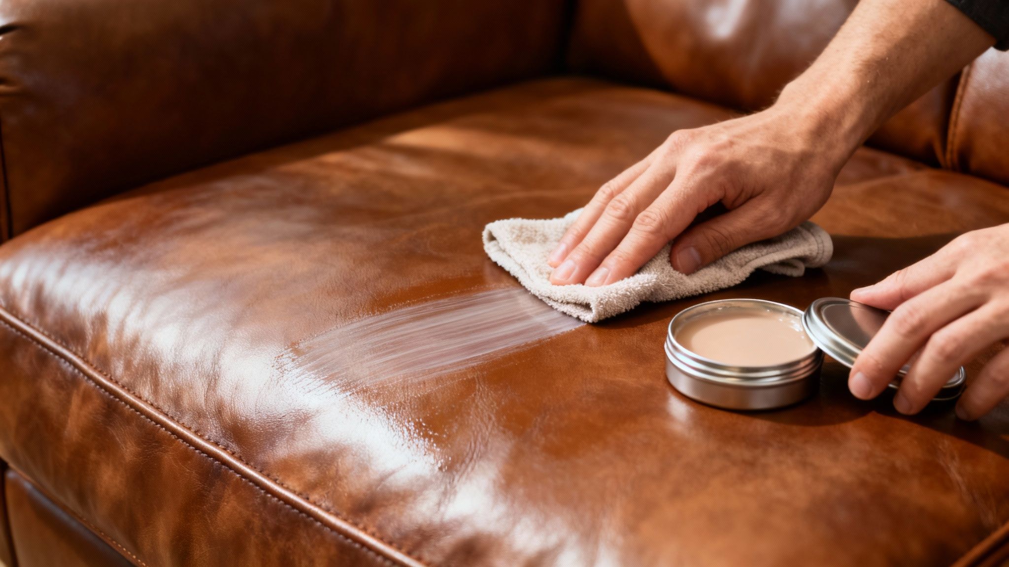 Close-up of hands applying a cleaning cream to a brown leather sofa with a cloth.