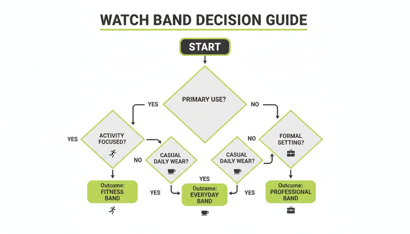A flowchart guiding the decision for watch band selection based on primary use, activity, and formality.