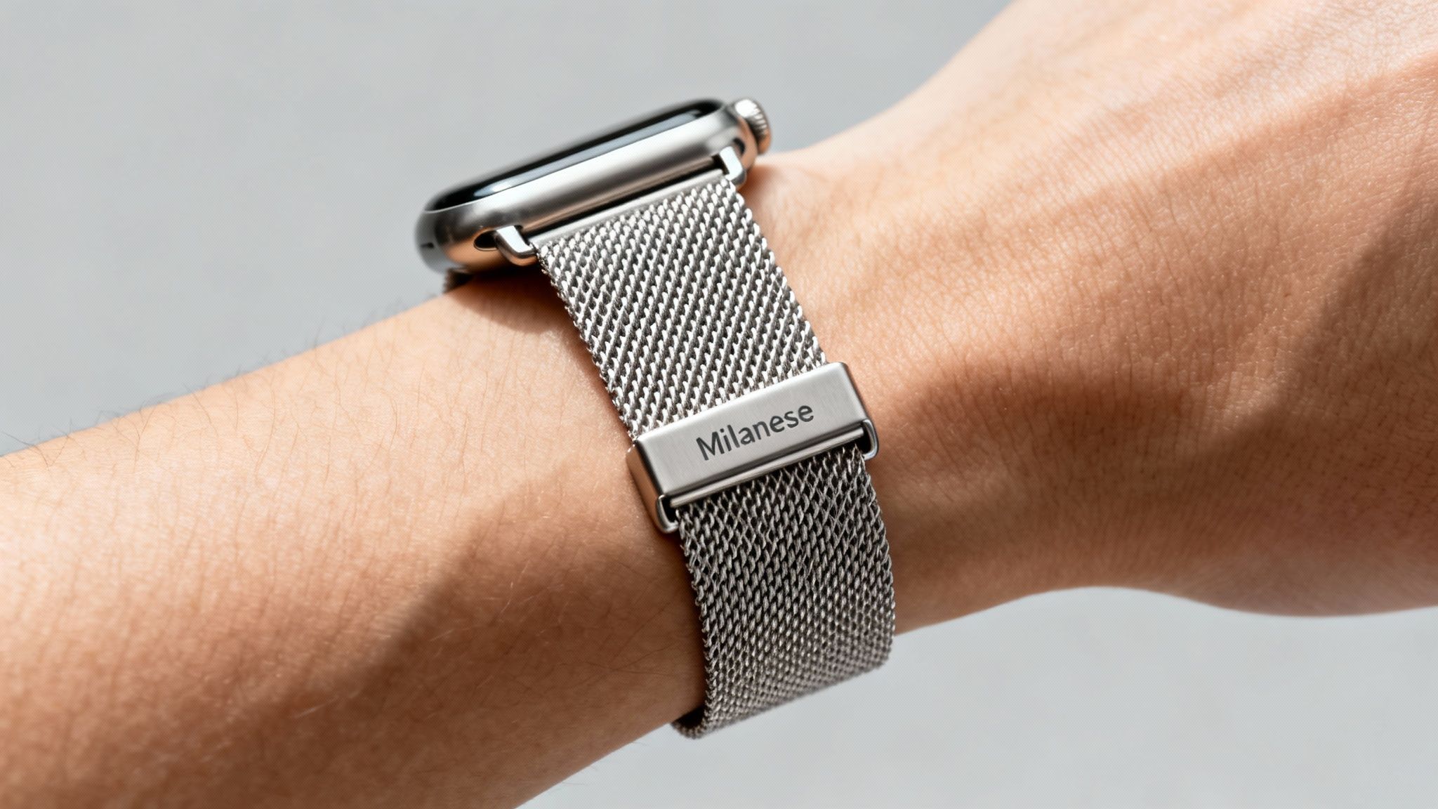 Close-up of a person wearing an Apple Watch with a silver Milanese loop band on their wrist.
