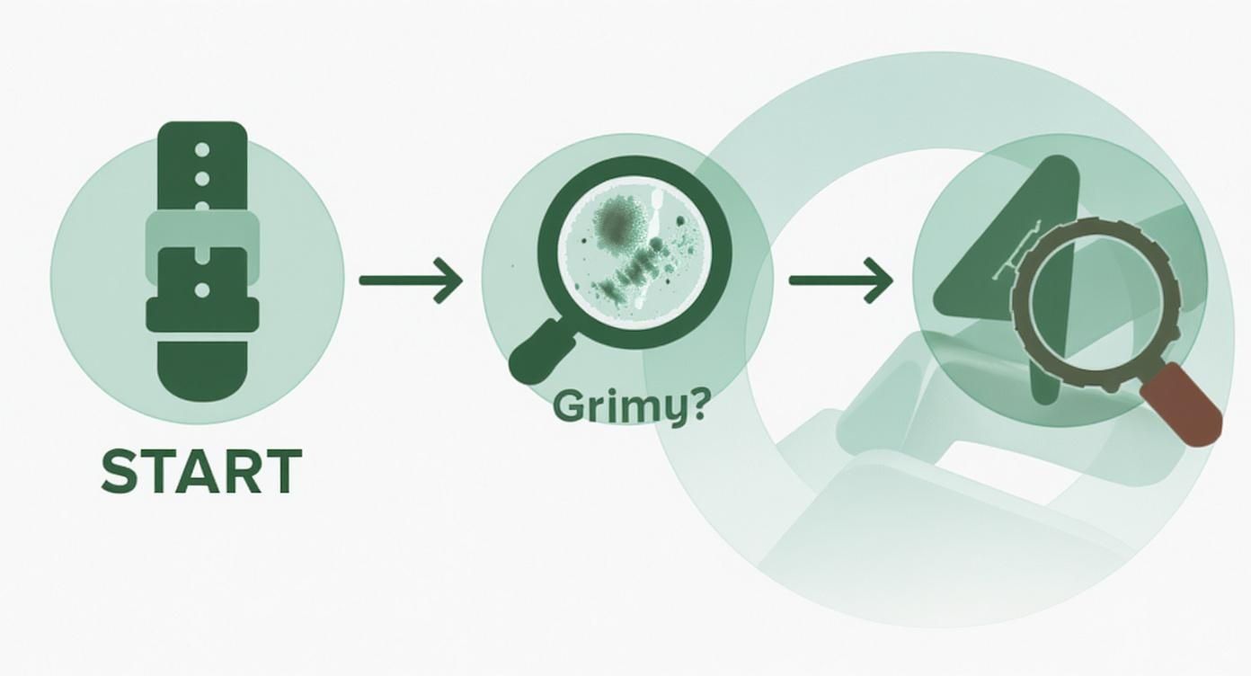 A flowchart showing the process of checking a smartwatch band for grime and then cleaning it.