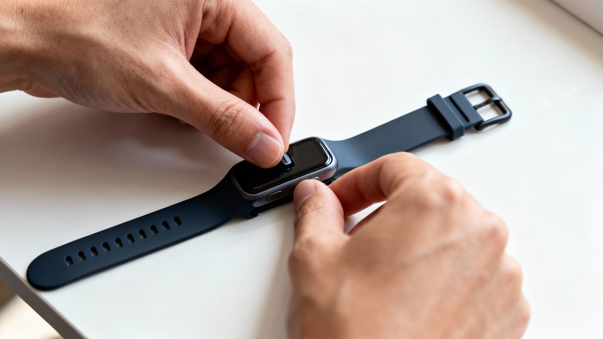 Hands attaching a dark blue strap to a Fitbit Charge 4 smartwatch on a white surface.