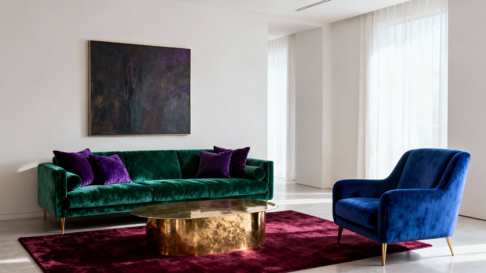 A vibrant living room showcasing a green velvet sofa, blue armchair, gold coffee table, and burgundy rug.