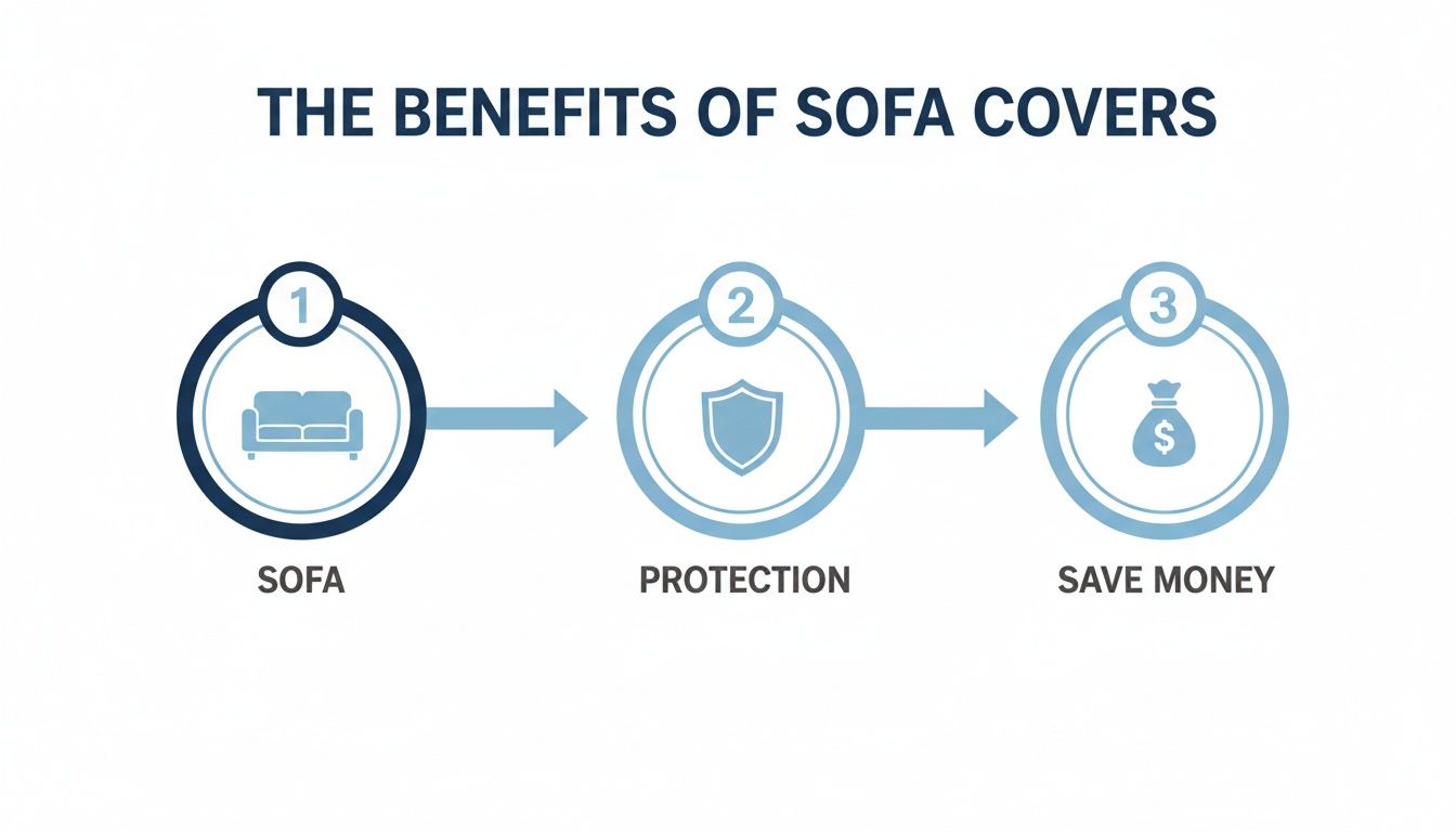 An infographic illustrating the benefits of sofa covers, showing how they provide protection and save money.