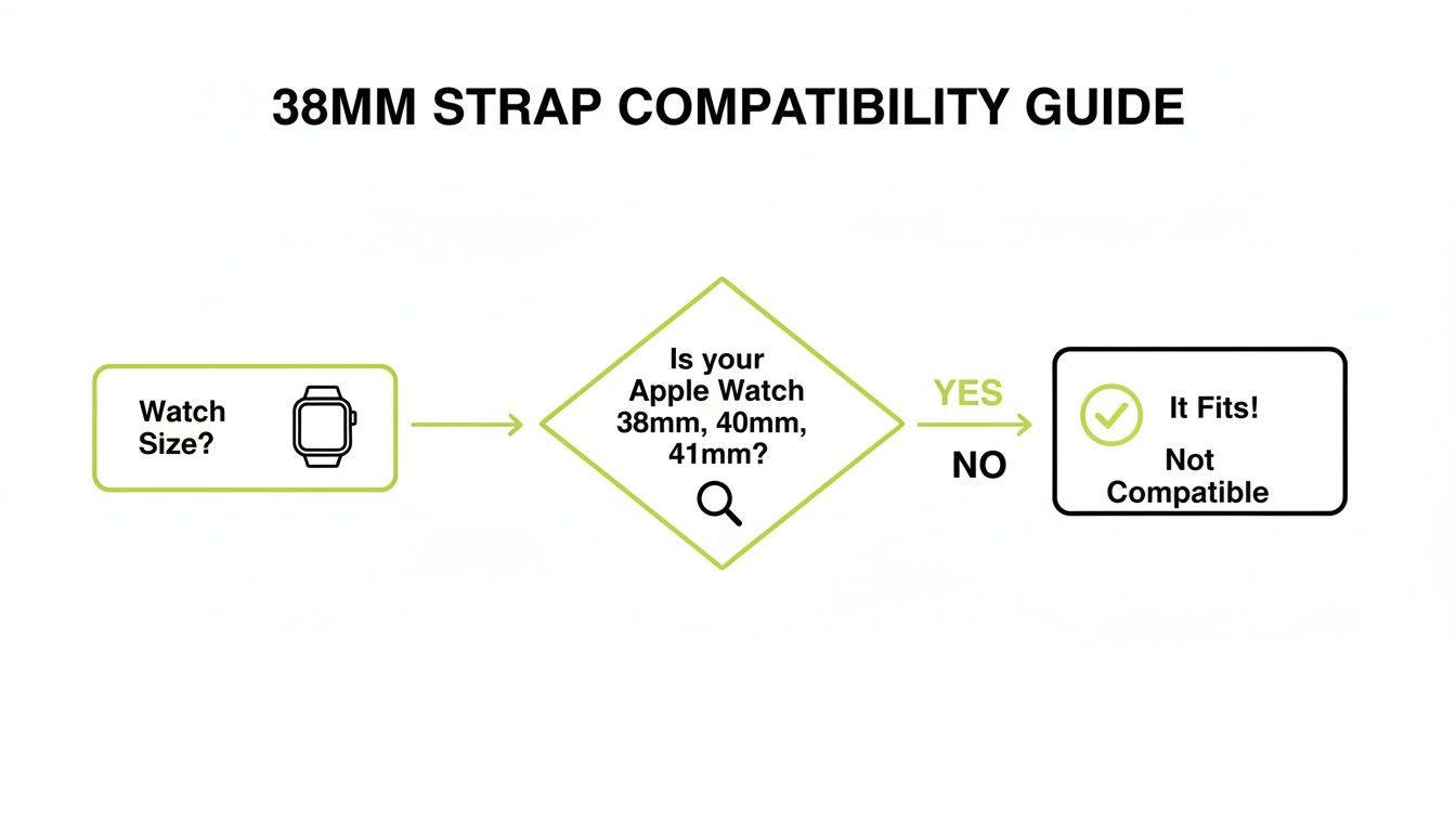 Flowchart illustrating Apple Watch 38mm strap compatibility, checking for 38mm, 40mm, or 41mm watch sizes.