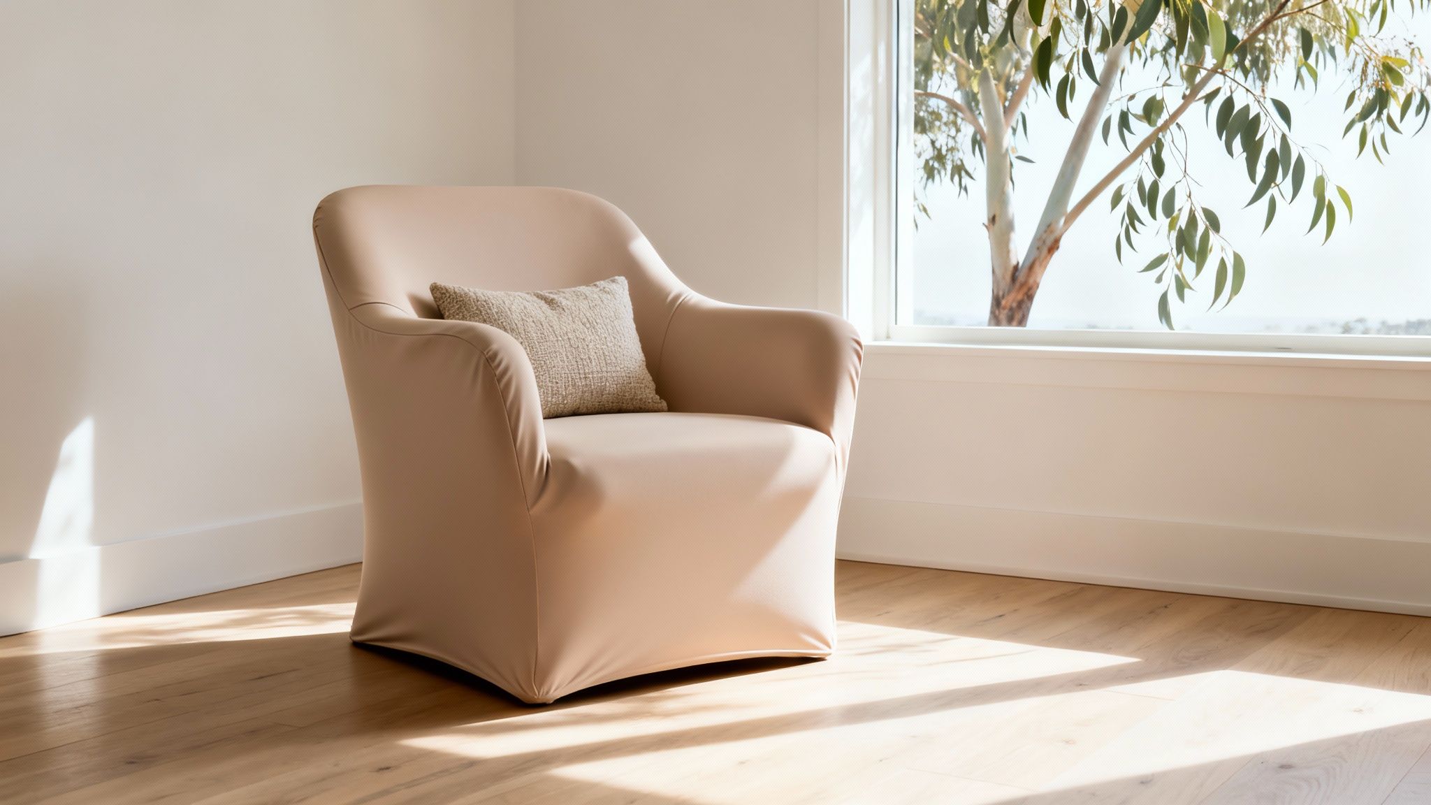 A light beige armchair with a textured pillow sits by a window with a tree outside, sunlight on a wooden floor.