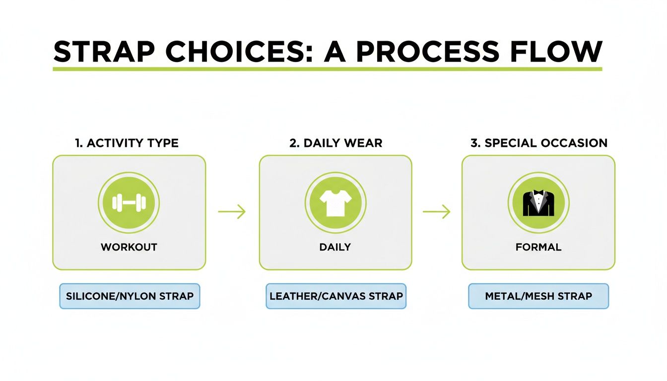 A process flow diagram showing strap choices for workout, daily, and formal occasions.