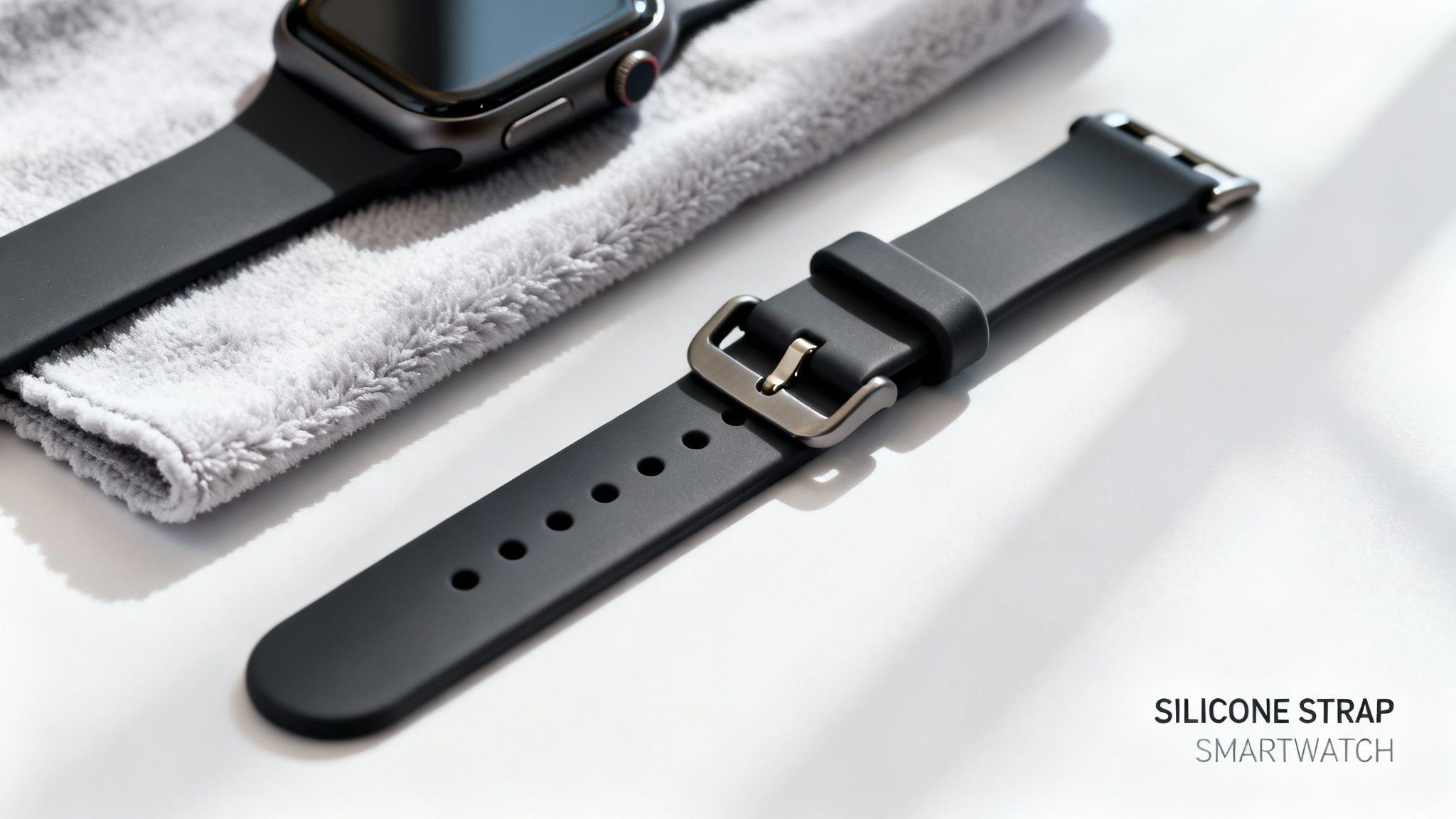 Black silicone smartwatch strap with metal buckle next to a smartwatch on a grey cloth.