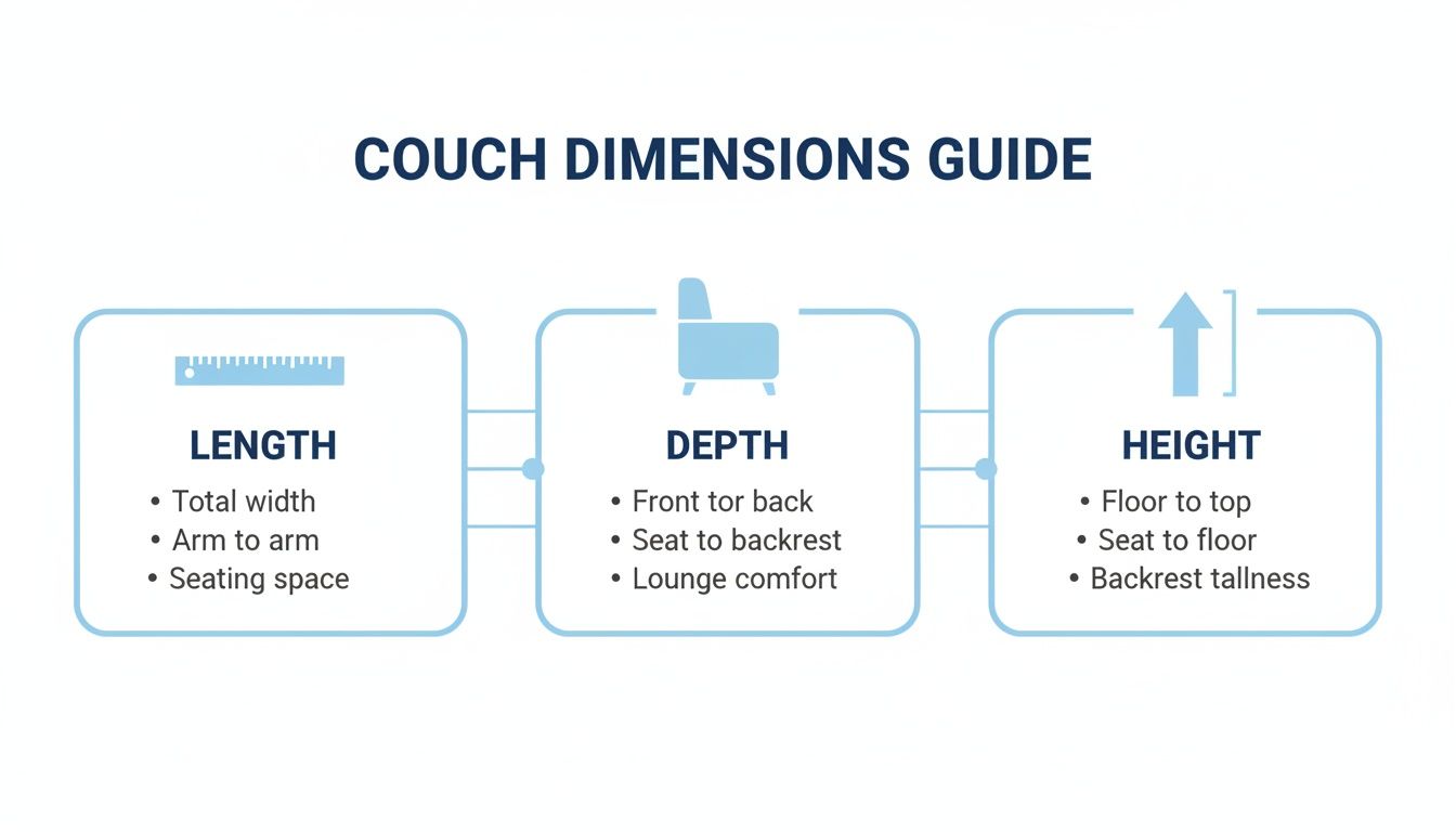 Infographic explaining couch dimensions guide, detailing length, depth, and height measurements for furniture.