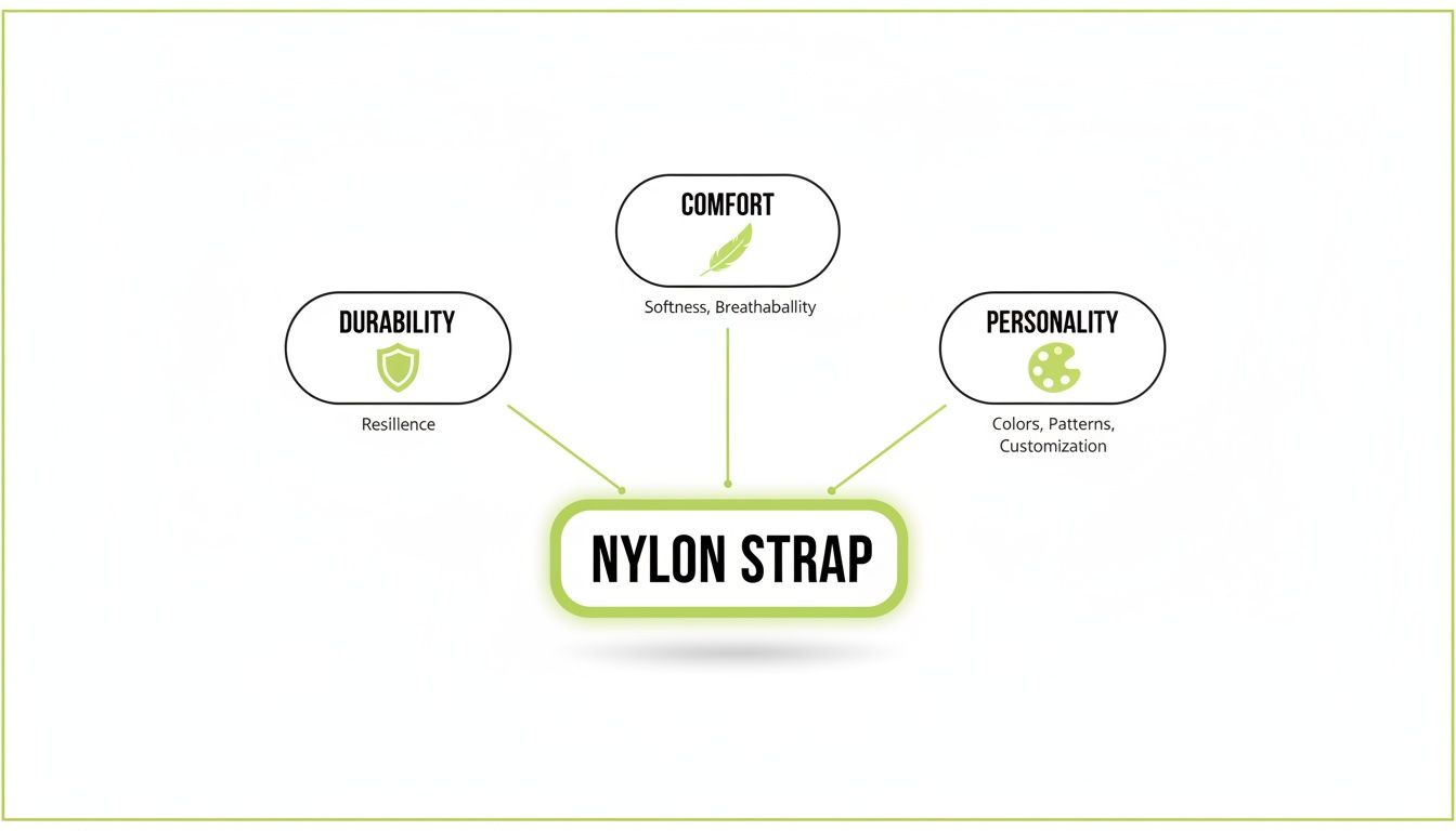 A mind map illustrating the key features of a nylon strap: durability, comfort, and personality.