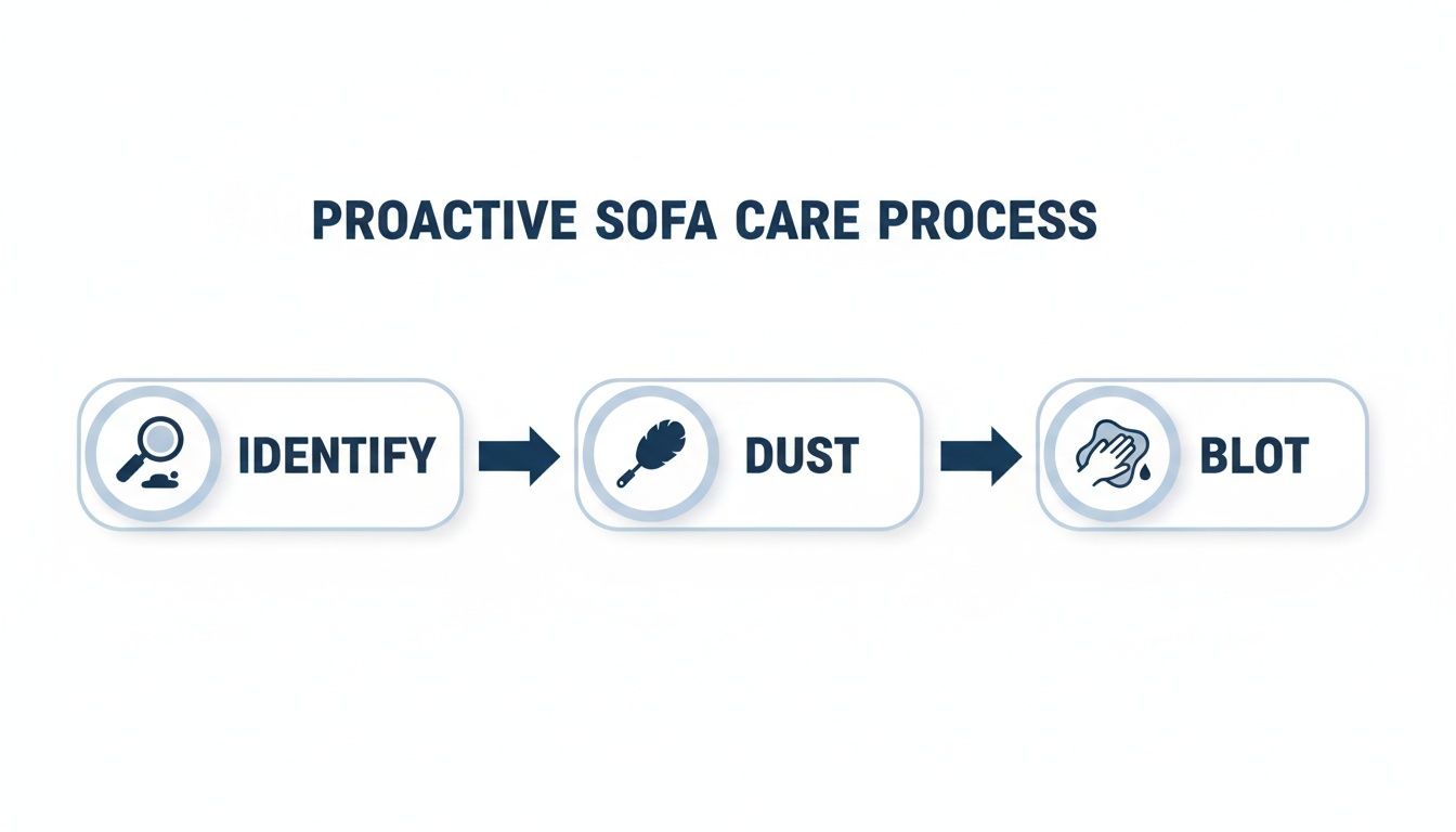 A three-step flowchart detailing the proactive sofa care process: identify, dust, and blot.