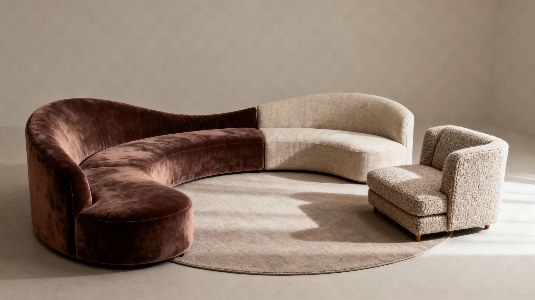 A stylish living room featuring a brown velvet curved sofa, a beige loveseat, and an armchair.
