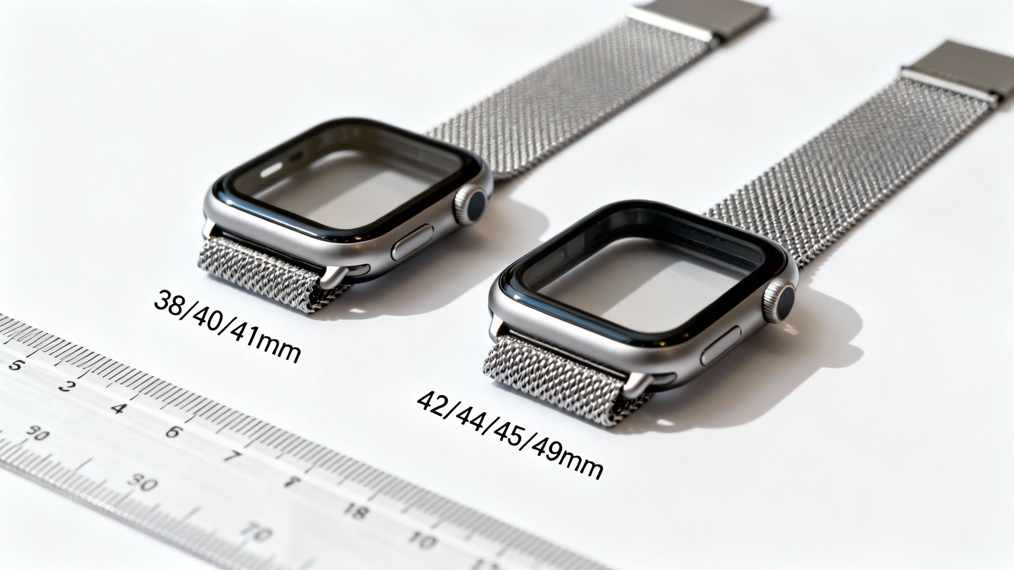 Two silver Apple Watch cases with Milanese bands and clear protective covers, showing different sizes with a ruler.