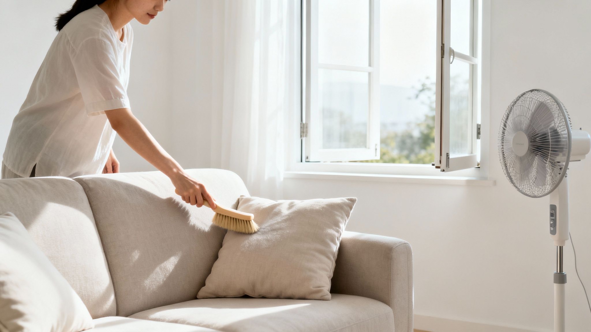 Woman gently brushes a beige fabric sofa, cleaning it in a sunlit room.