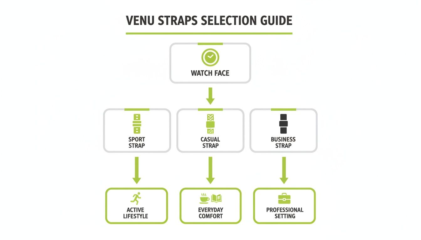 Venu straps selection guide flowchart categorizing sport, casual, and business straps for various lifestyles.