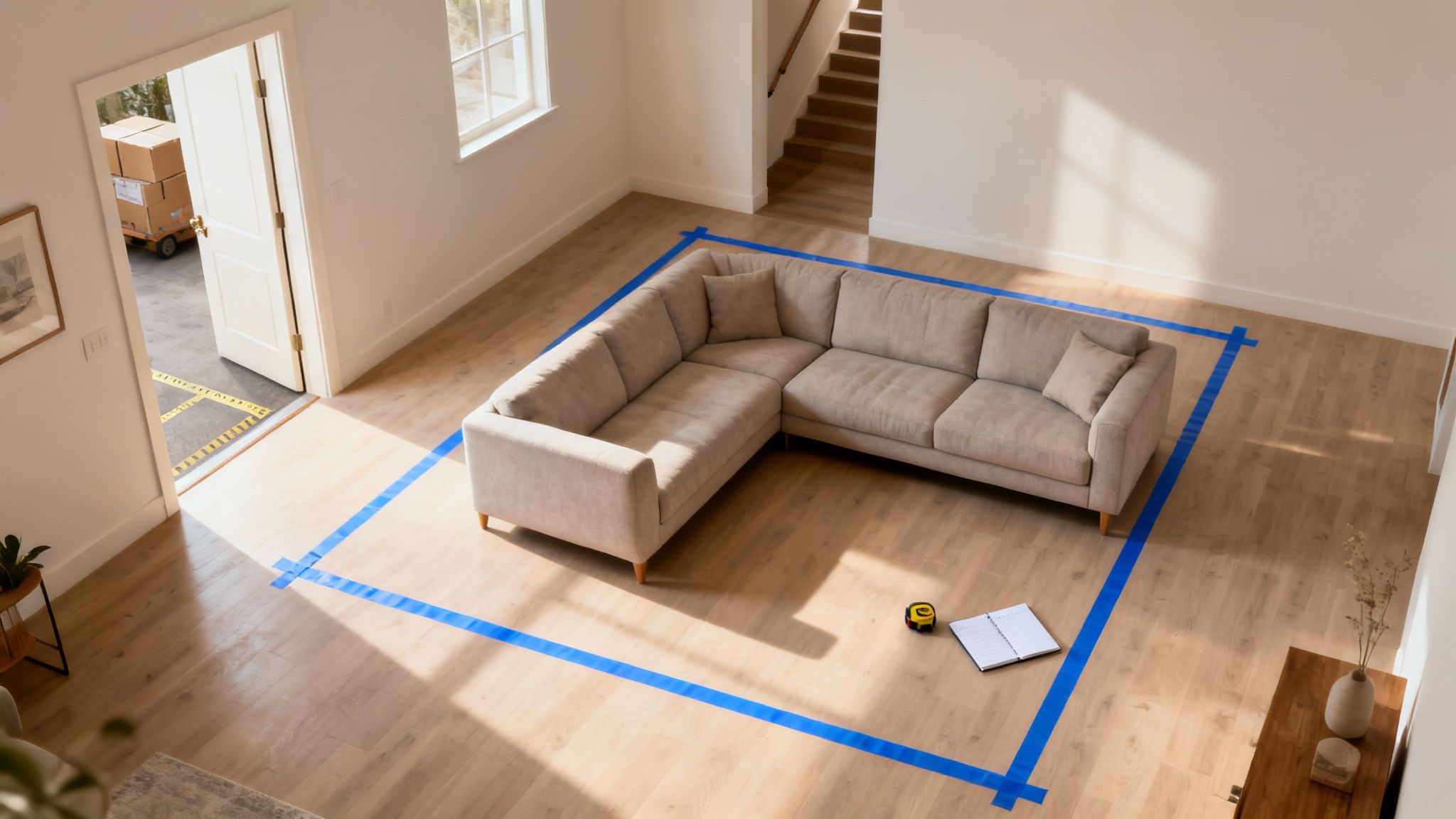 A spacious living room with an L-shaped sofa, blue tape marking floor area, and moving supplies.