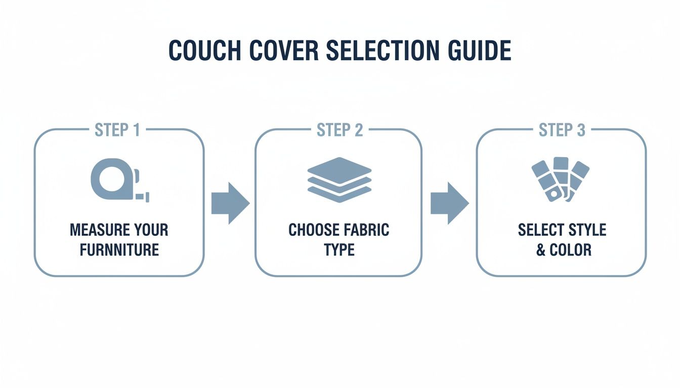 Couch cover selection guide showing three steps: measure furniture, choose fabric, and select style & color.