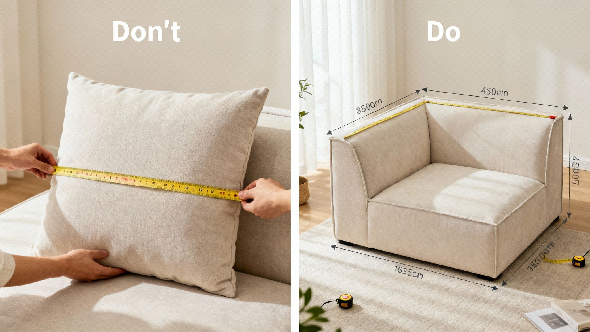 Two hands incorrectly measure a soft cushion, contrasting with a precise measurement of a couch frame, showing correct dimensions.