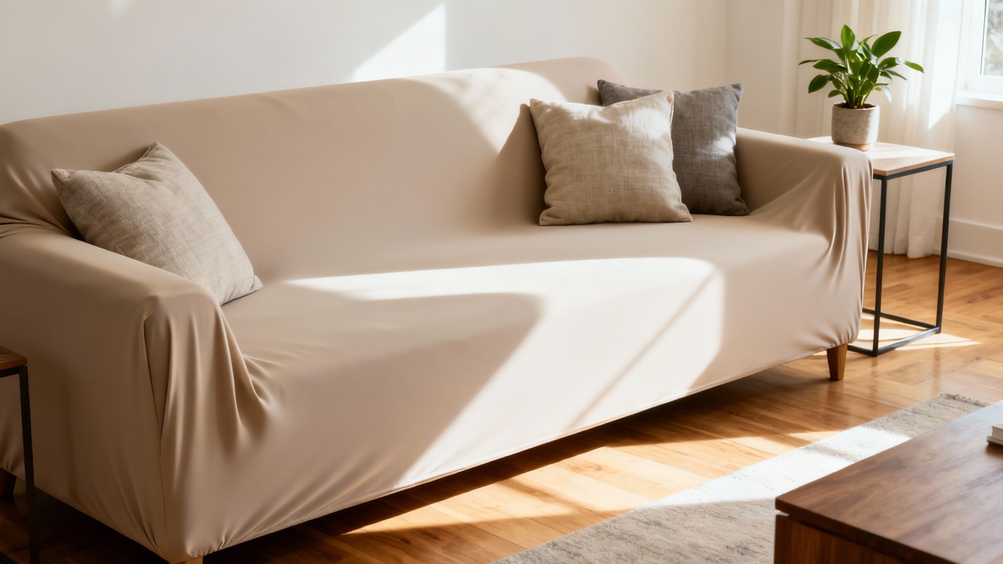 Beige sofa with a slipcover and three pillows, illuminated by natural sunlight in a bright room.