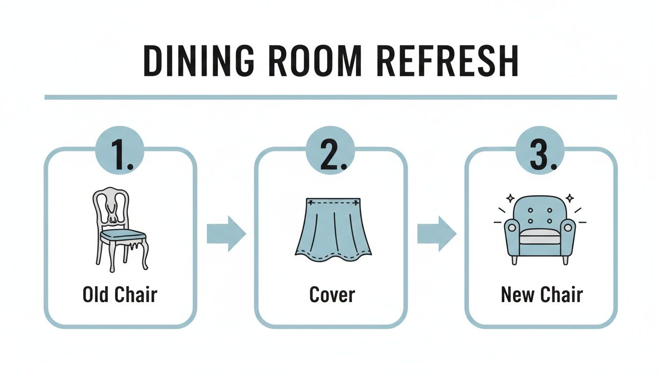 Diagram showing a dining room refresh: an old chair is transformed into a new chair using a cover.