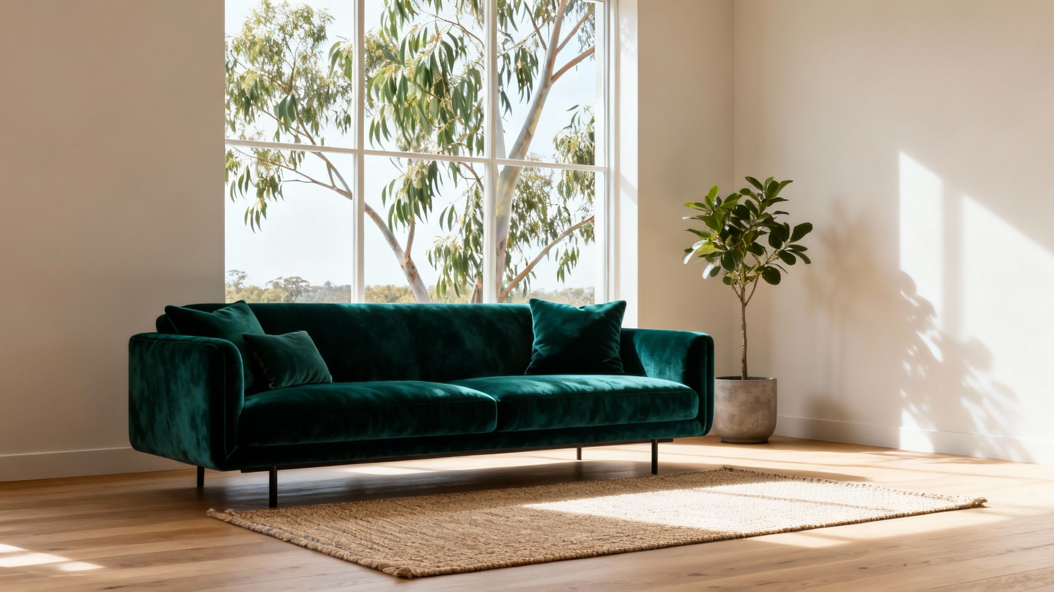 A modern living room features a dark green velvet sofa, large window, potted plant, and natural light.