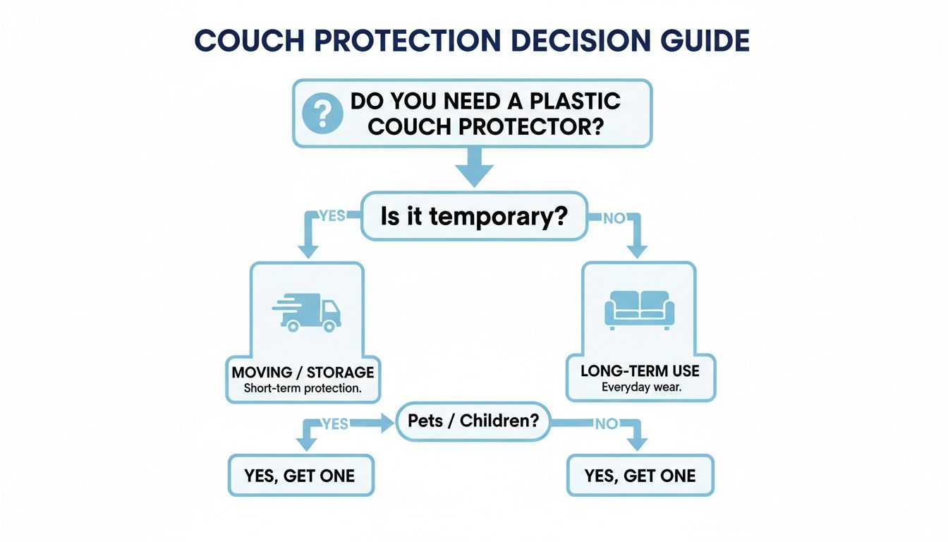 Flowchart guiding users on whether to get a plastic couch protector for temporary or long-term use.