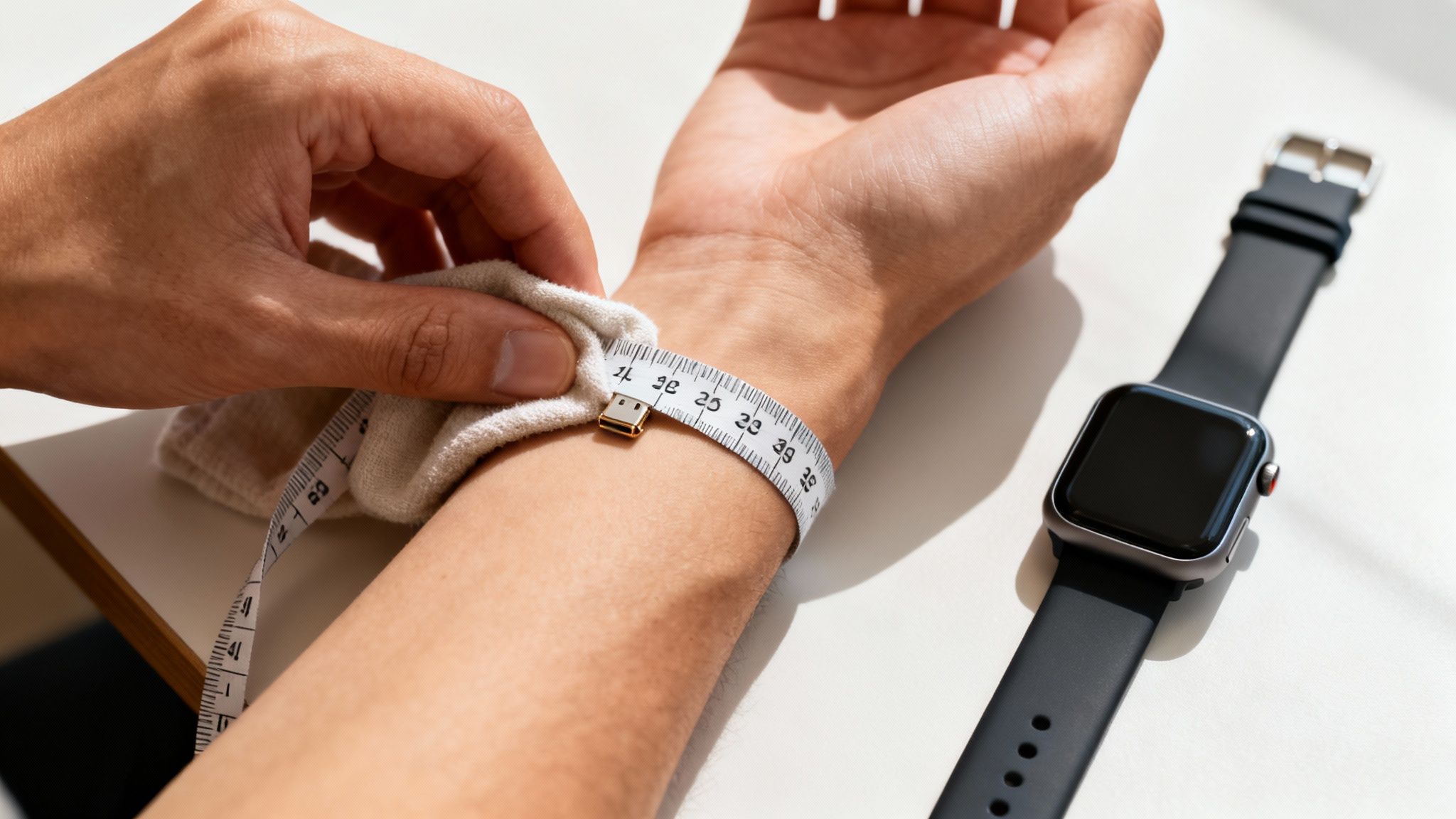 Close-up of a person measuring their wrist with a tape measure, next to a smartwatch.