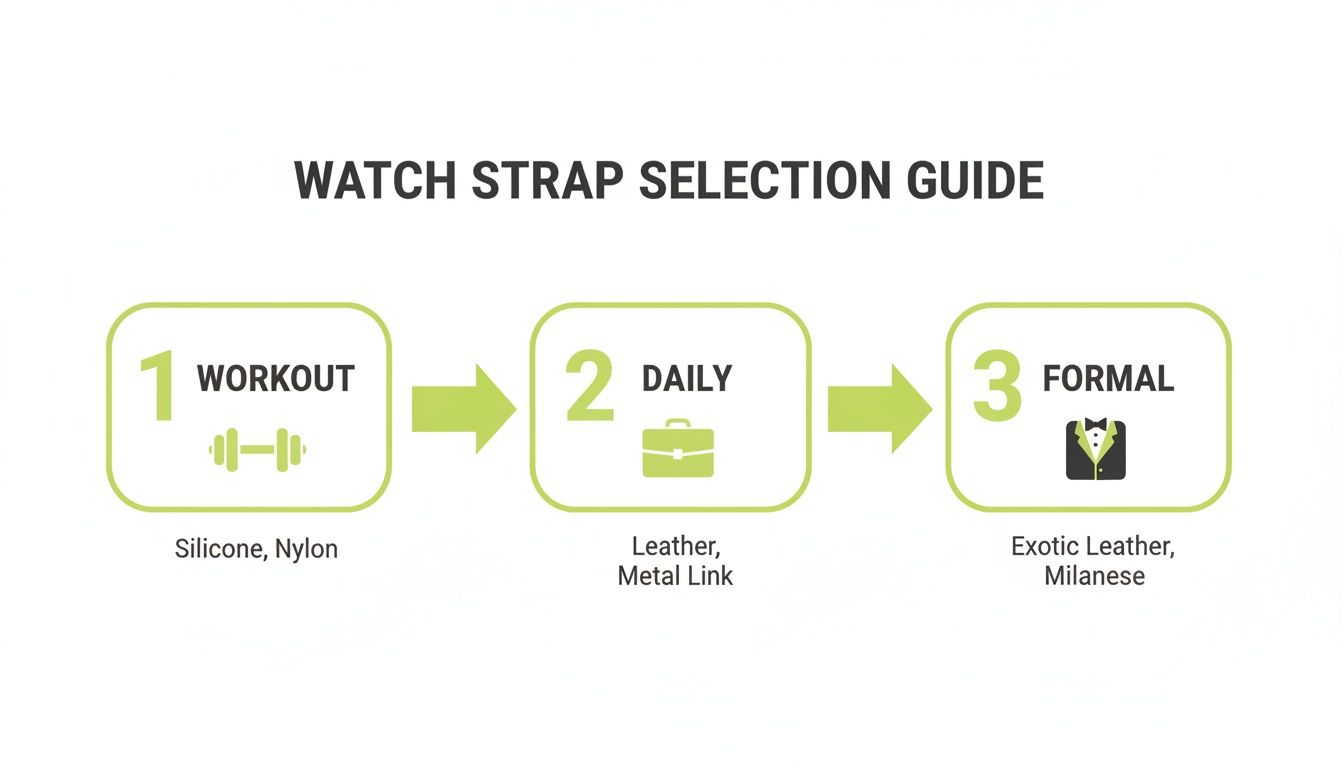 Watch strap selection guide showing recommendations for workout, daily, and formal occasions.