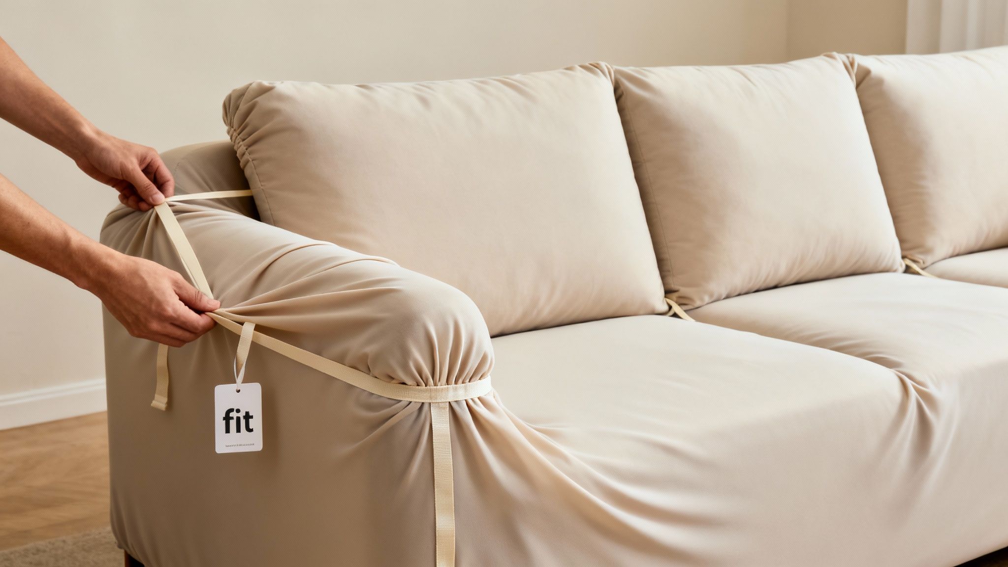 Hands adjusting a beige "fit" brand sofa cover onto a three-seat couch in a living room.