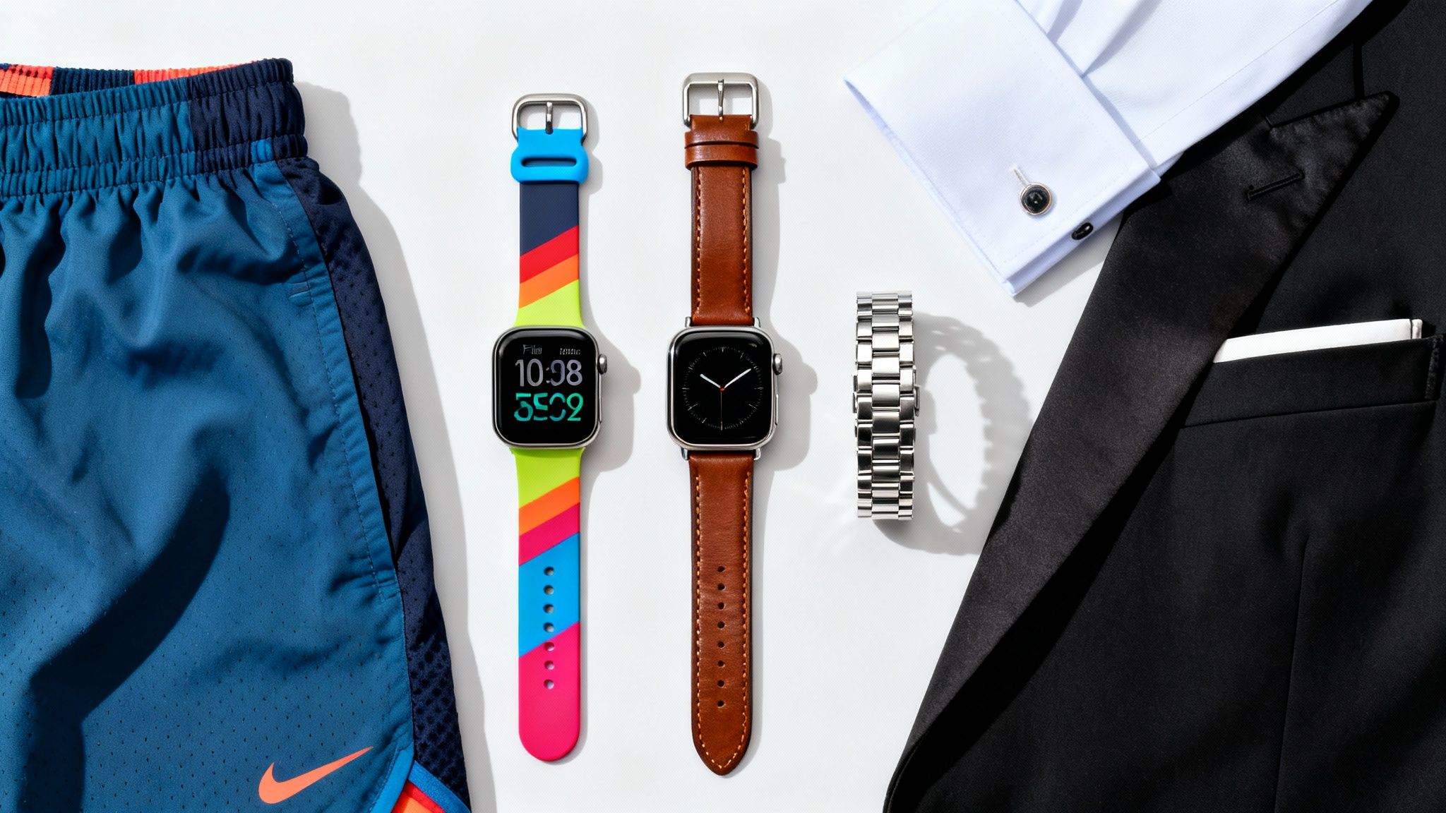 Flat lay of athletic shorts, two smartwatches with diverse straps, and elegant formal attire.
