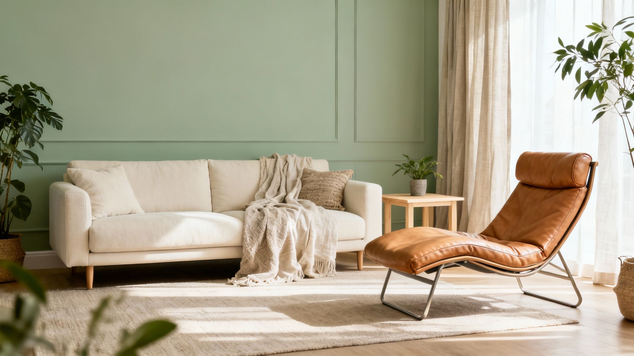 A serene living room with a light green wall, cream sofa, and brown leather chaise lounge.