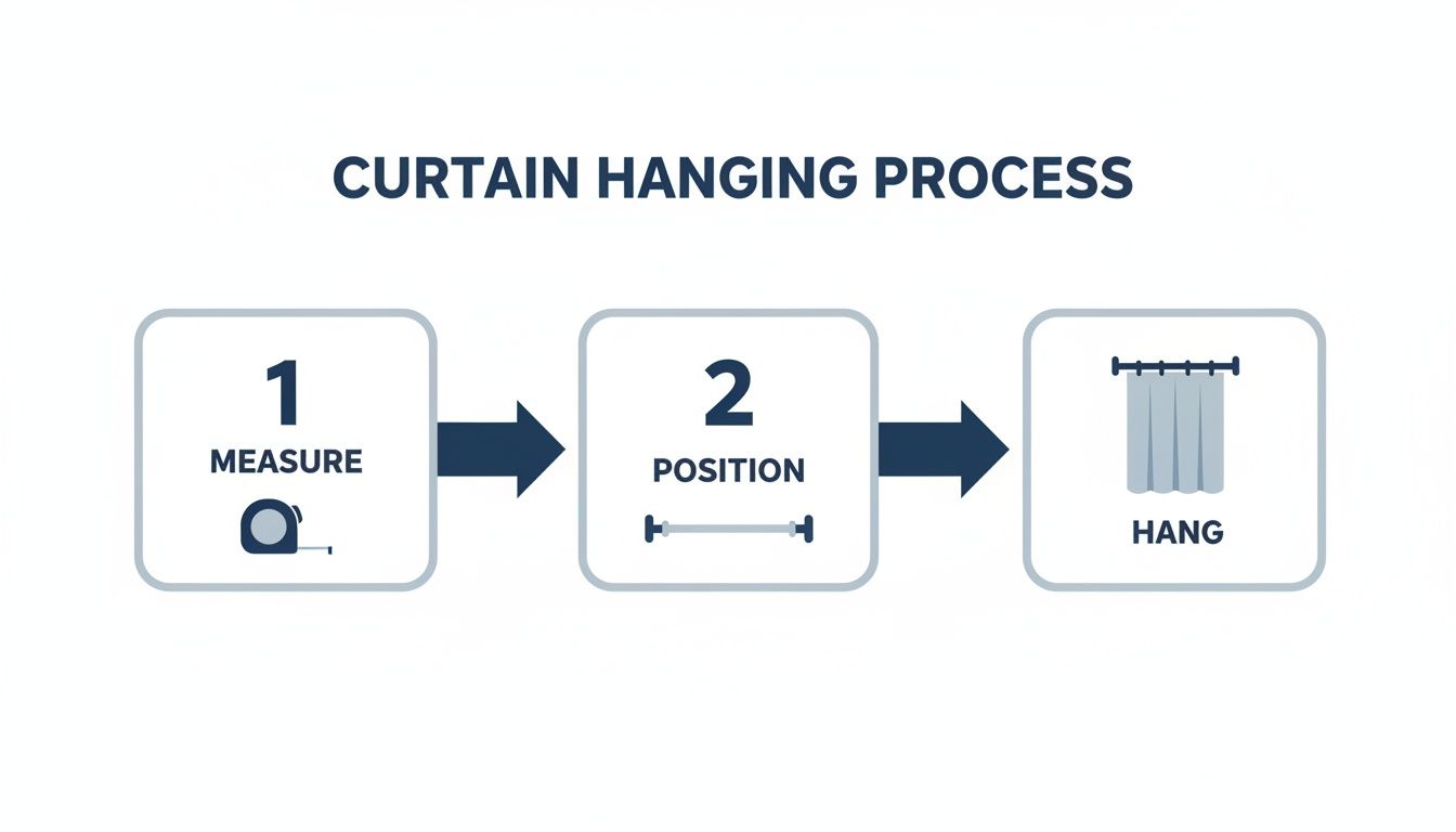 A three-step infographic detailing the curtain hanging process: measure, position, and hang.