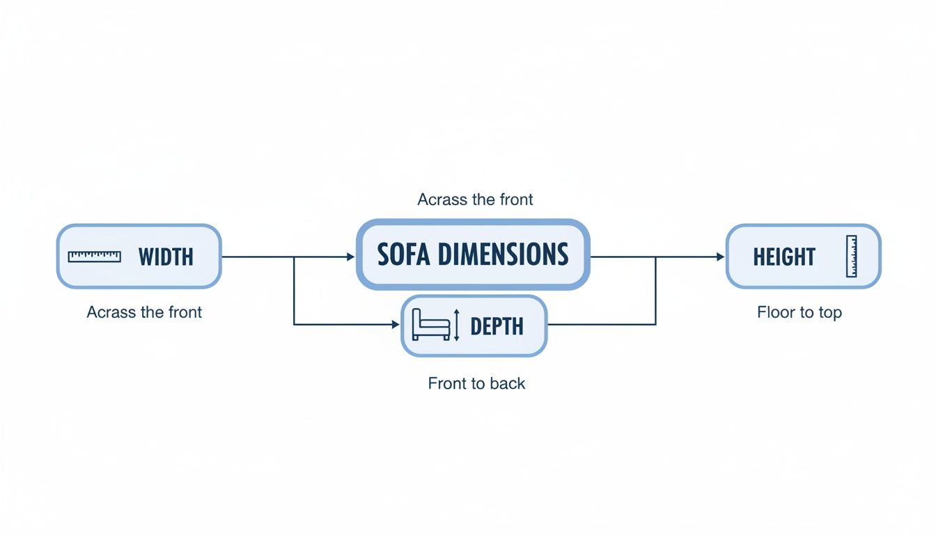 Flowchart explaining sofa dimensions: width (across front), depth (front to back), and height (floor to top).