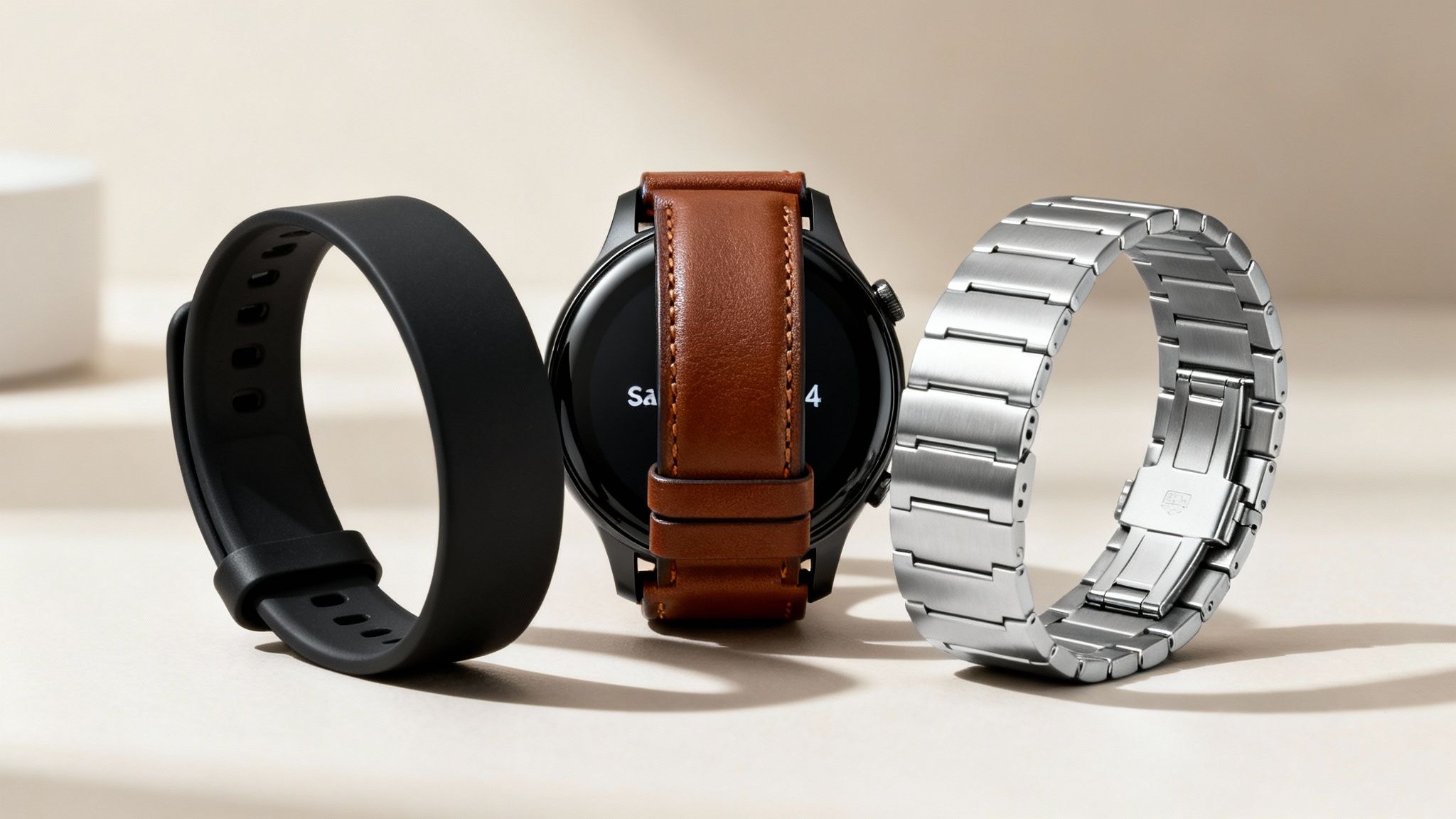 Three distinct smart watch straps: black silicone, brown leather, and silver metal, displayed side-by-side.