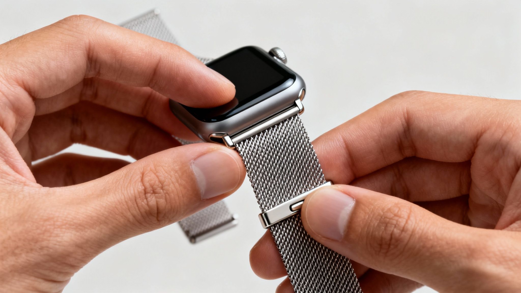 Two hands attaching a silver Milanese loop band to a black Apple Watch.