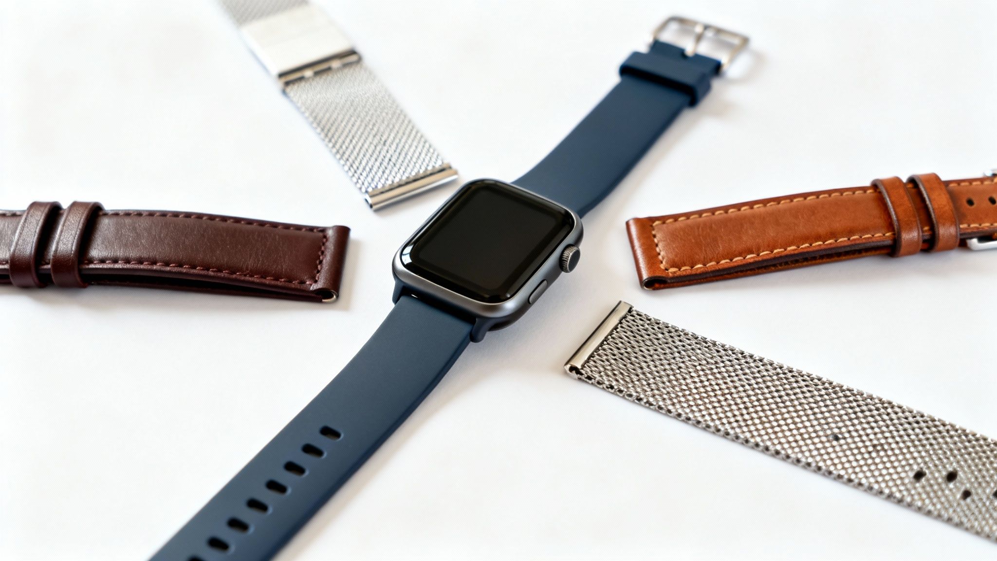 Different smartwatch strap options including blue silicone, brown leather, and silver mesh on a white background.