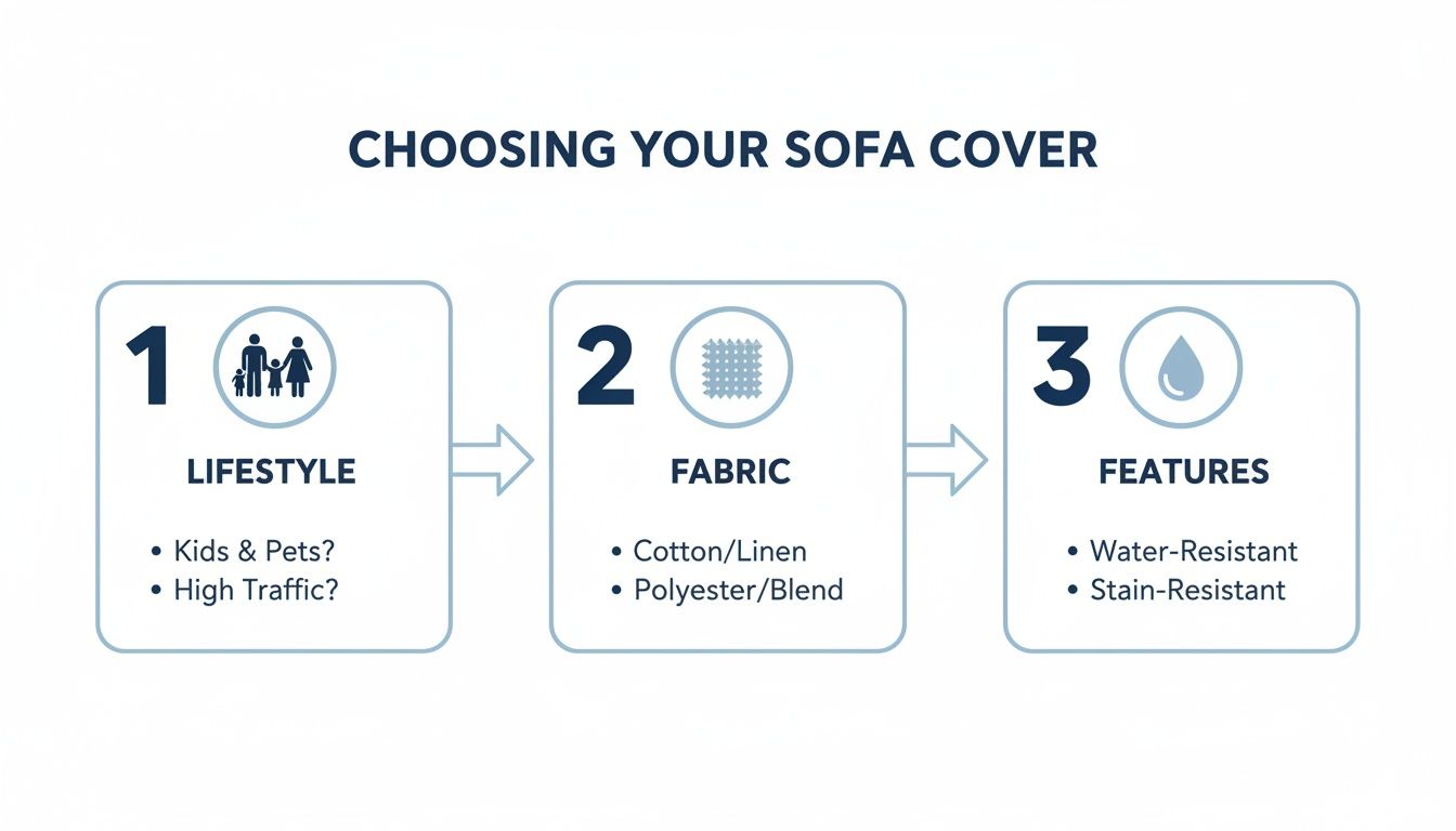 A 3-step guide for choosing a sofa cover, covering lifestyle, fabric, and features for optimal selection.