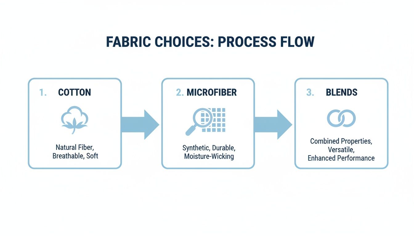 Flow chart illustrating fabric choices: Cotton, Microfiber, and Blends, detailing their key properties and performance.