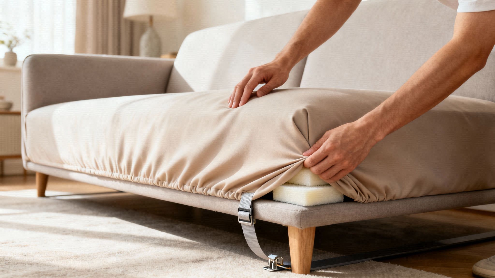 A person's hands are adjusting a beige fitted slipcover on a light grey sofa in a bright living room.
