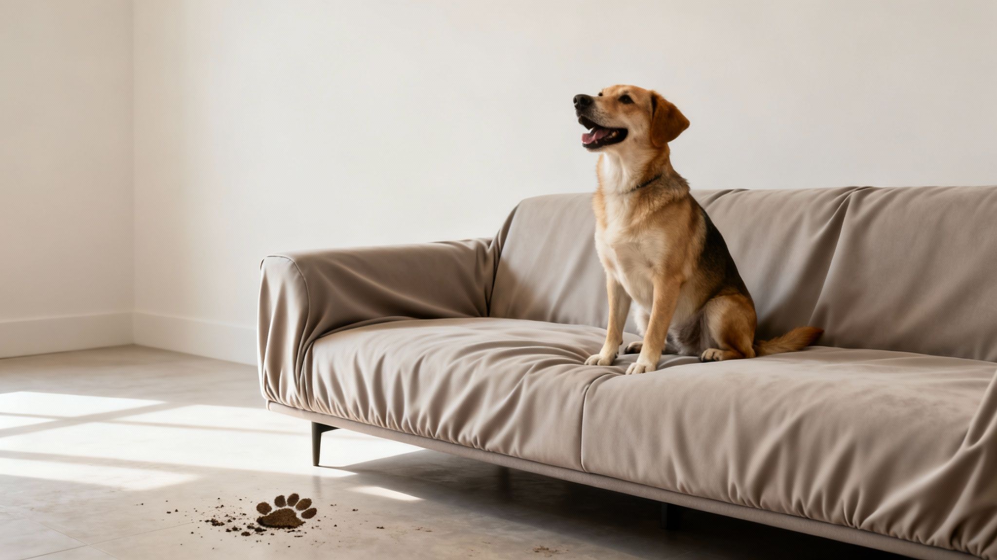 A happy dog sits on a beige couch, while a muddy paw print is visible on the floor.
