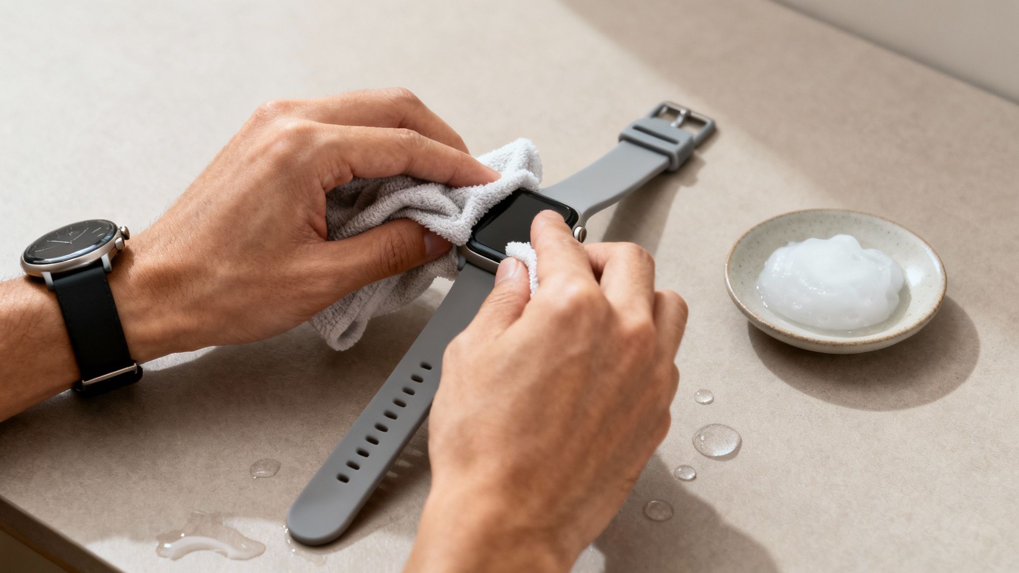 Hands carefully cleaning a grey silicone watch band with a soft cloth, demonstrating proper maintenance.